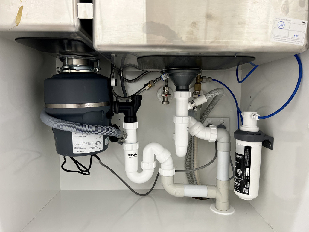 New double kitchen sink installation with water filter system & waste disposer