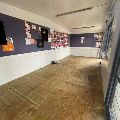 The reception portacom with carpet lifted