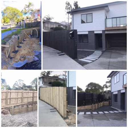 Timber fence , Retaining wall & paving