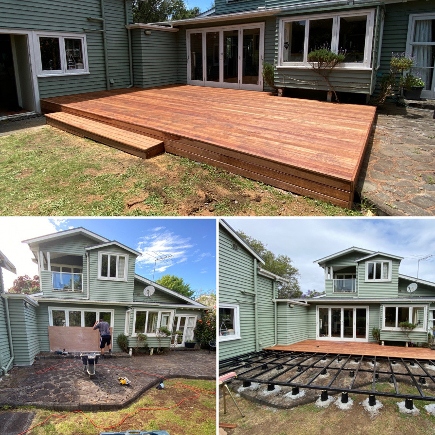 Hardwood decking over concrete pad