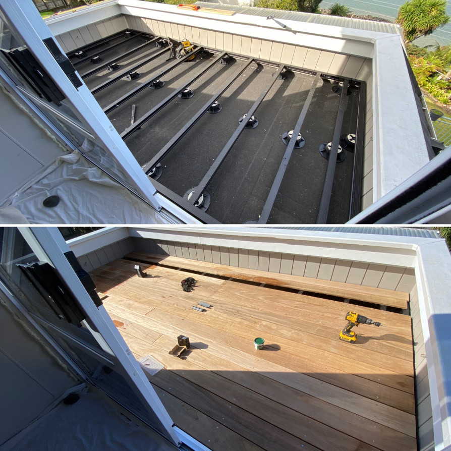 Hardwood deck over 2nd floor membrane balcony