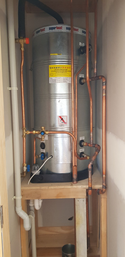 Mains pressure hot water cylinder with indirect wetback connections
