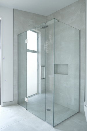 Typical Corner Shower Glass Configuration with Satin Chrome Hardware