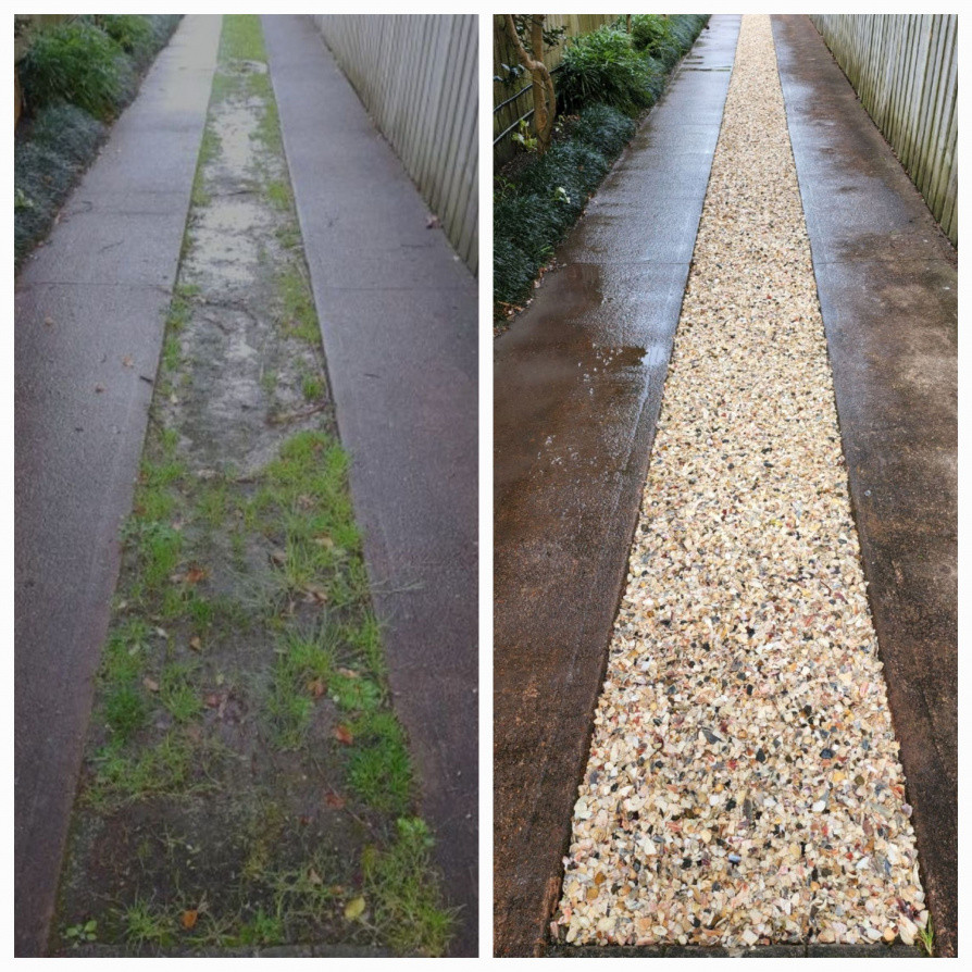 Excavation of driveway centre and filled with crushed shells.