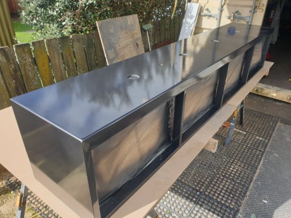 lounge roof cabinet spray painted and clear coated in grey metallic