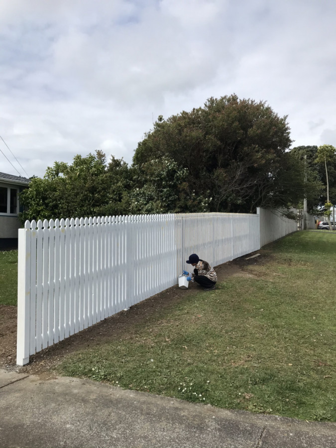 Owner painting picket fence straight after we installed it