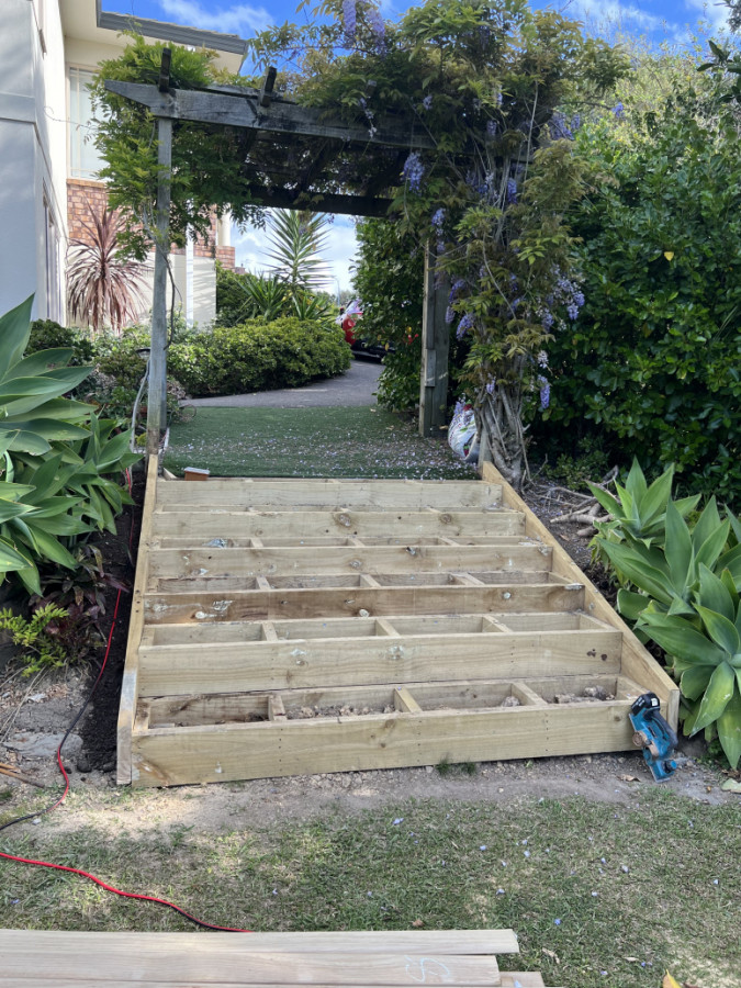 Old sleeper stairs out, new long lasting pine stairs in!