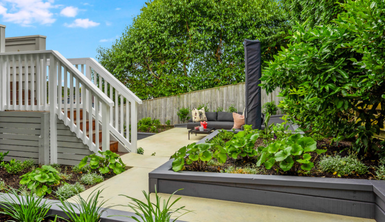 back of patio landscaped area