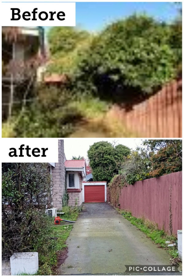 Full clean up where the garage was fully covered in ivy and driveway overgrown.