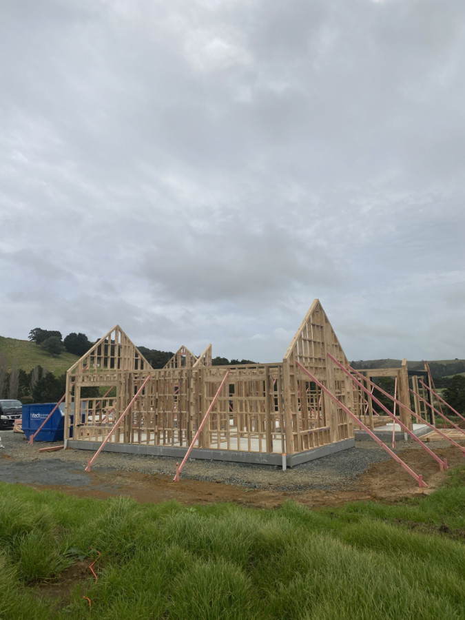 Standing frames at our new build in Whangaripo. We chose LVL 4x2 framing on this one for straighter, more stable walls — less twisting and bowing means a better finish and fewer lining issues down the track.