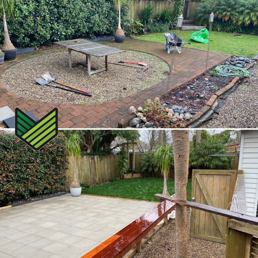 Paving, Kwila bench seat, Macrocarpa garden edging and Ready Lawn.