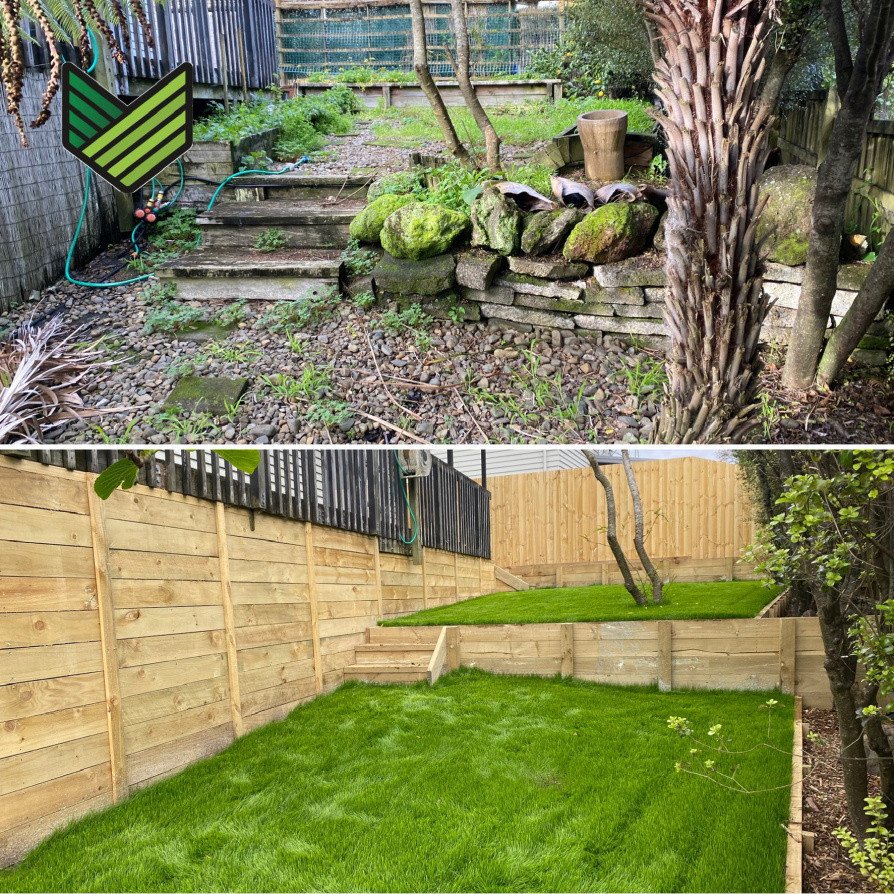 Multiple Retaining walls, Fence, base boards to block off underside of deck and Hydroseed lawn.