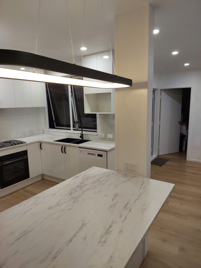 Kitchen dinning/living flooring, LED lighting. Breakfast bar