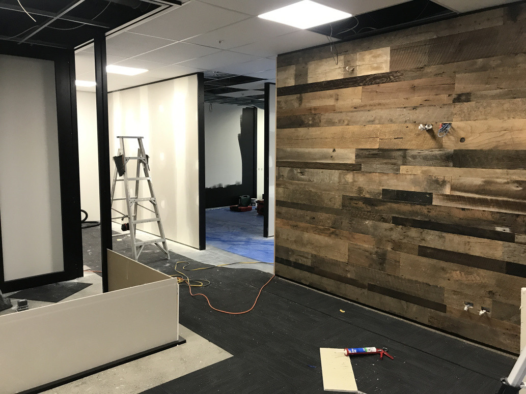 Edge Interiors Office fitout/rusticated barn wood feature wall