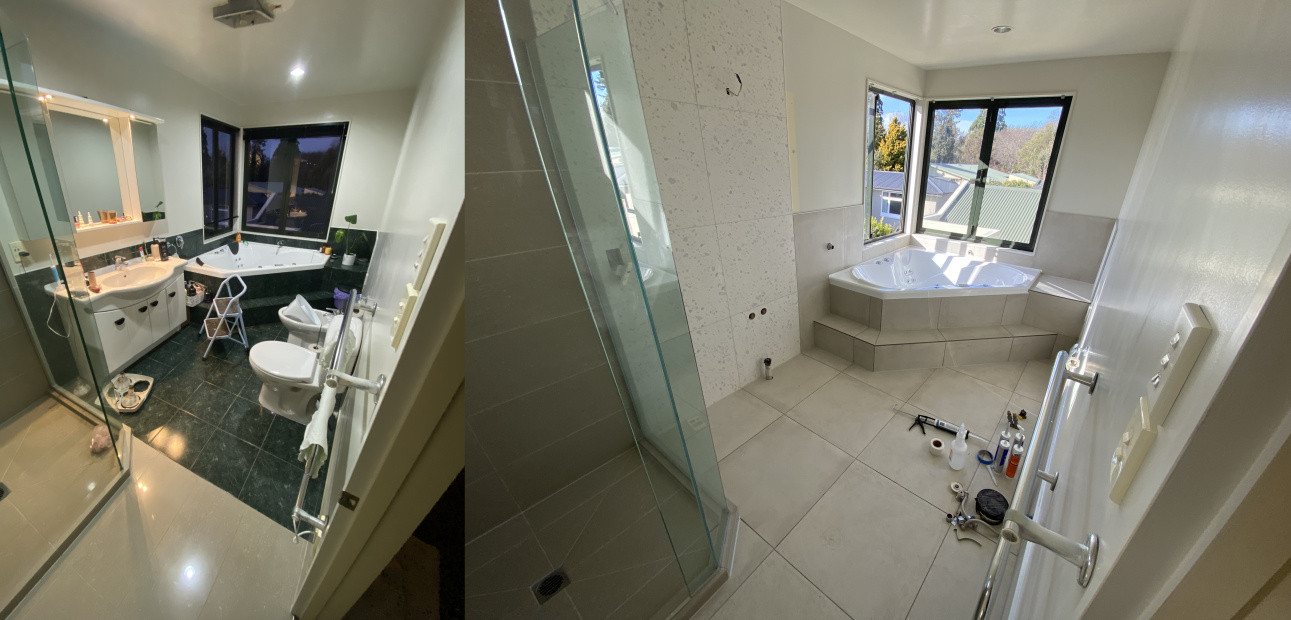 Before and after of a bathroom with spa tiled