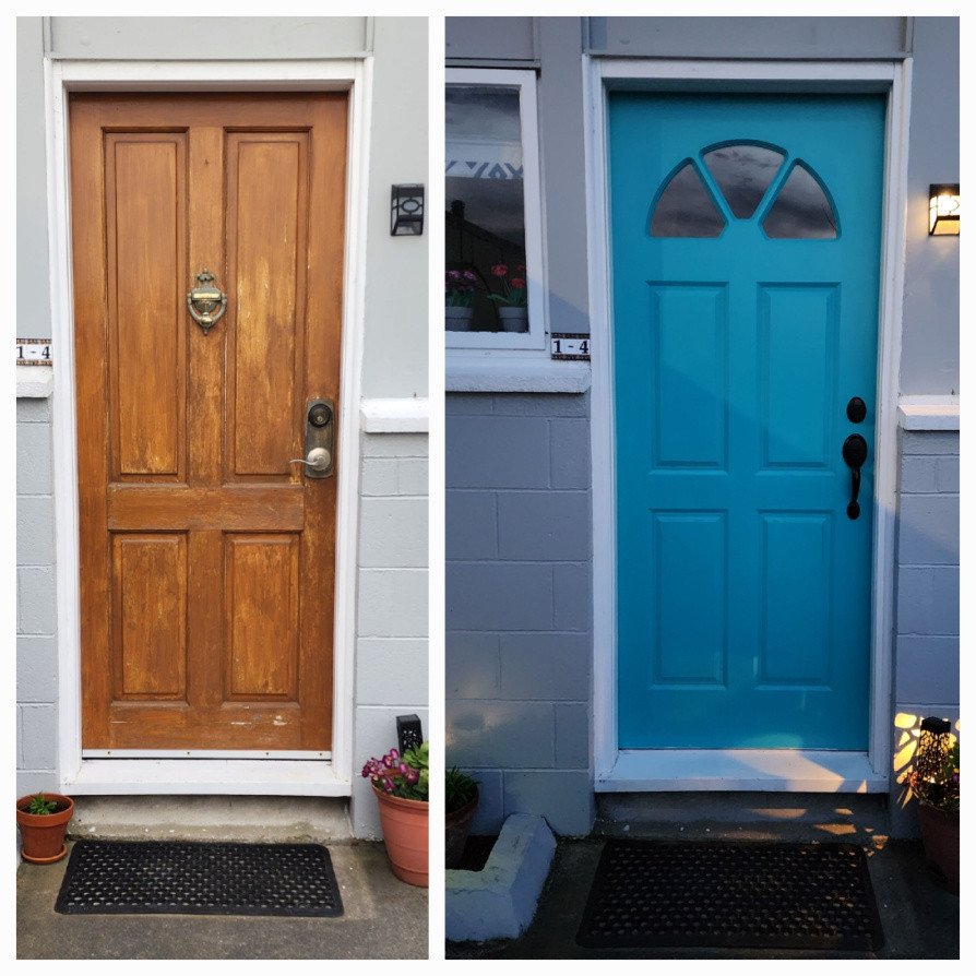 Before and After photo of a front door we recently replaced including fitting the hardware