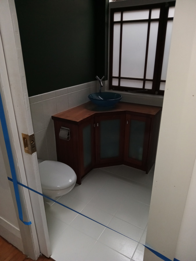 Bathroom after, tiles painted in 2 pot epoxy system,walls and ceiling seaweed green