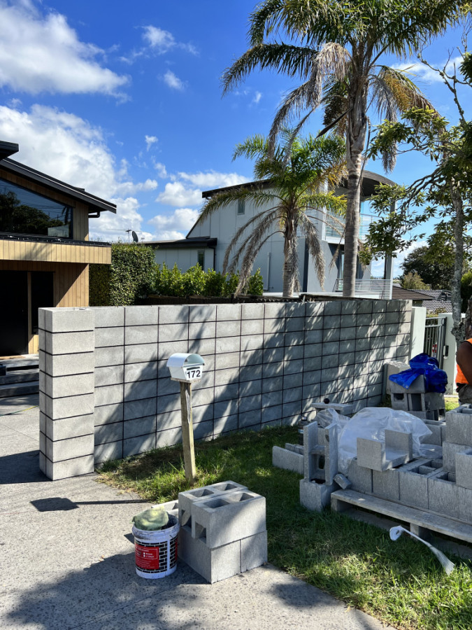 Stack bond block wall with black mortar