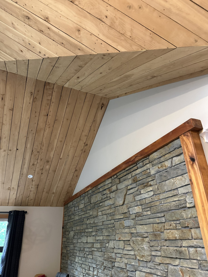 Macrocarpa ceiling, this was stunning. The team created this look in the kitchen, stairwell and an upstairs study