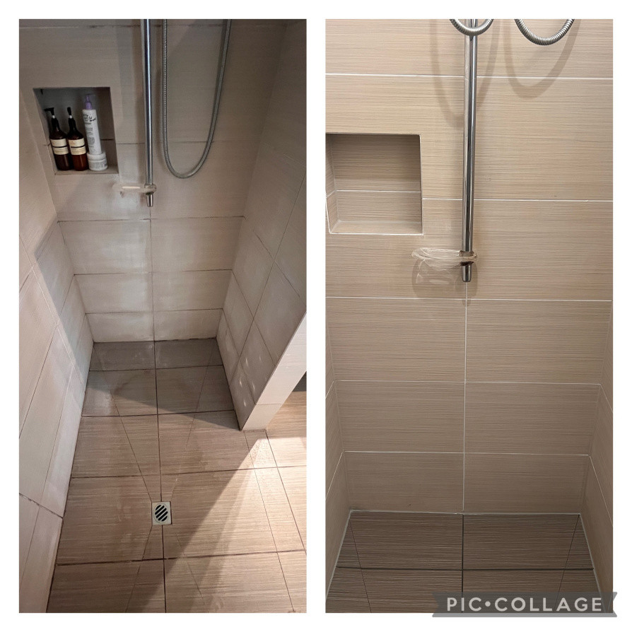 Tile deep cleaned, shower re grouted with epoxy, colour sealed the walls, replaced the silicone, Bingo