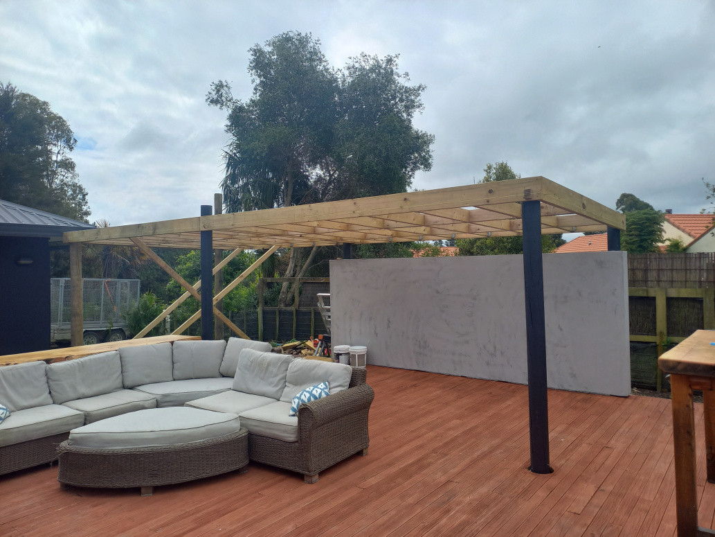 Pergola timber roof framing + roof installment which hasn't been done yet in this photo