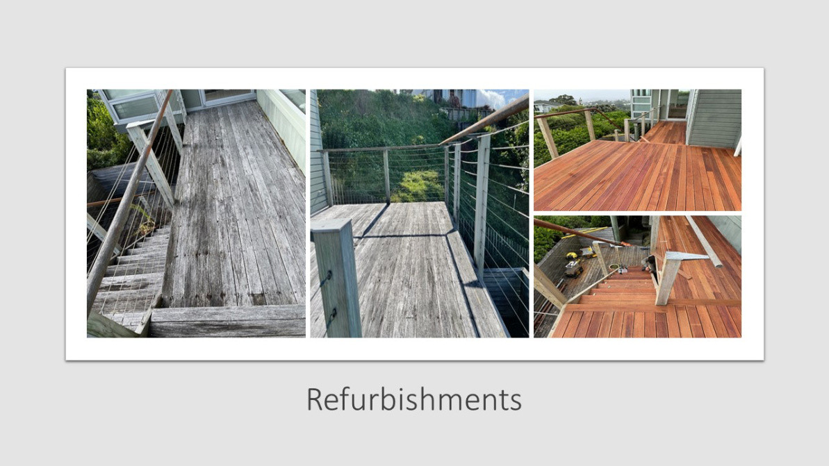 Structural & weatherproof repairs, refurbish Kwila decks, stairs and hand rails