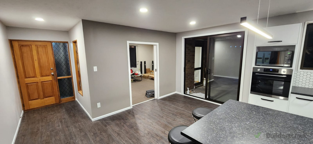 Finish product. Installation of new laminated floor, sliding door, sills and picture window with sliding door.