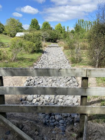 Weed mat laid and pinned down and gabion rock put in
