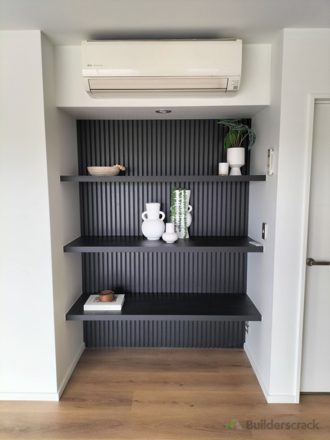 Custom Floating Shelves with Black slatted feature wall panelling