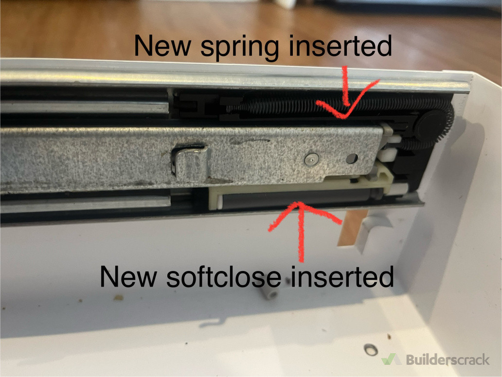 Replaced softclose mechanism attached to hideaway rubbish bin drawer runner