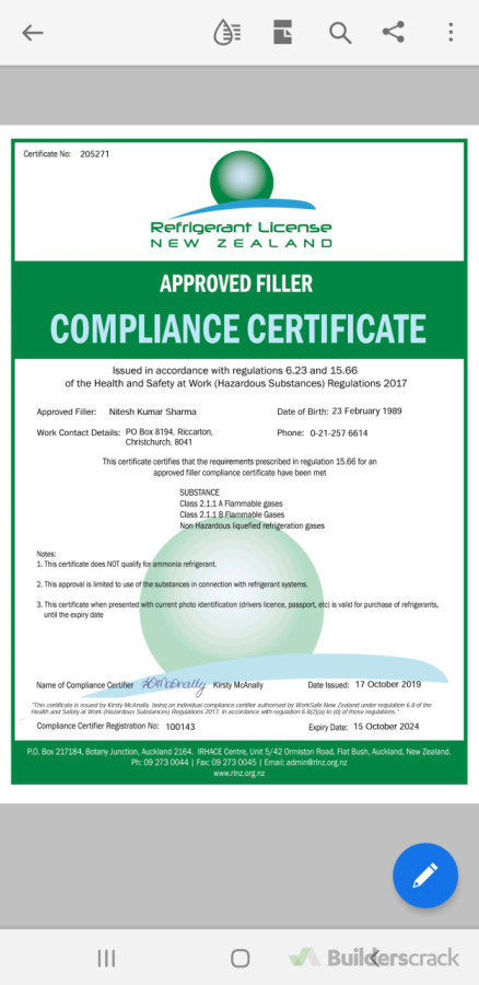 Approved Filler Compliance Certificate
