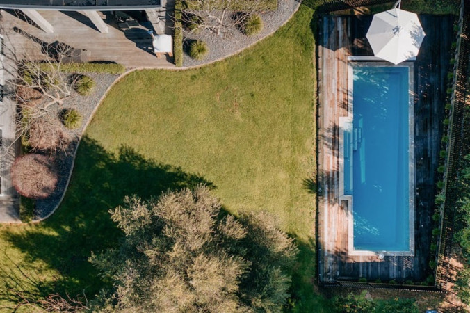 Aerial view of pool and kwila decking