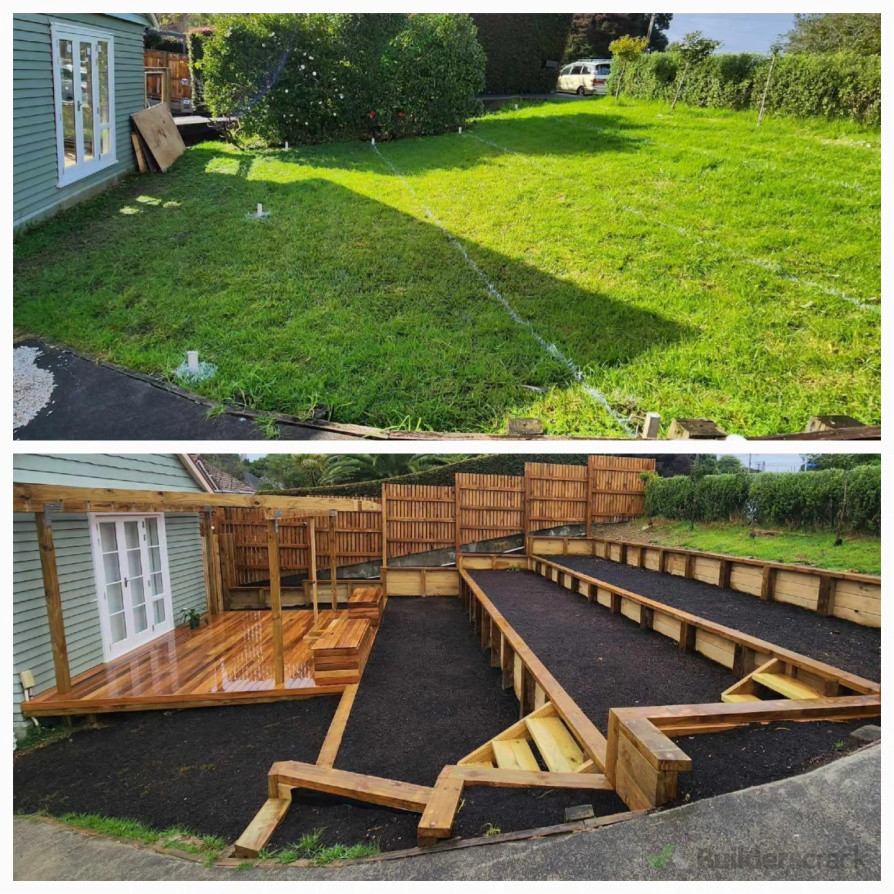 Cascading retaining walls with drainage, deck with pergola