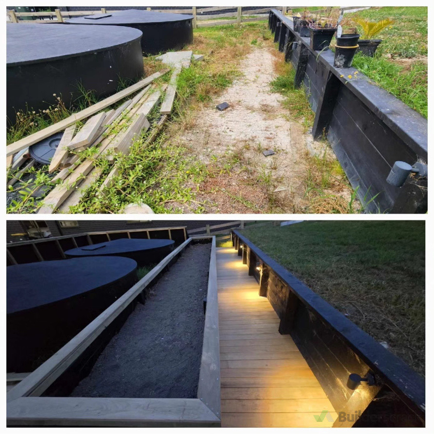 Retaining wall with vitex deck walkway for vegetable patch