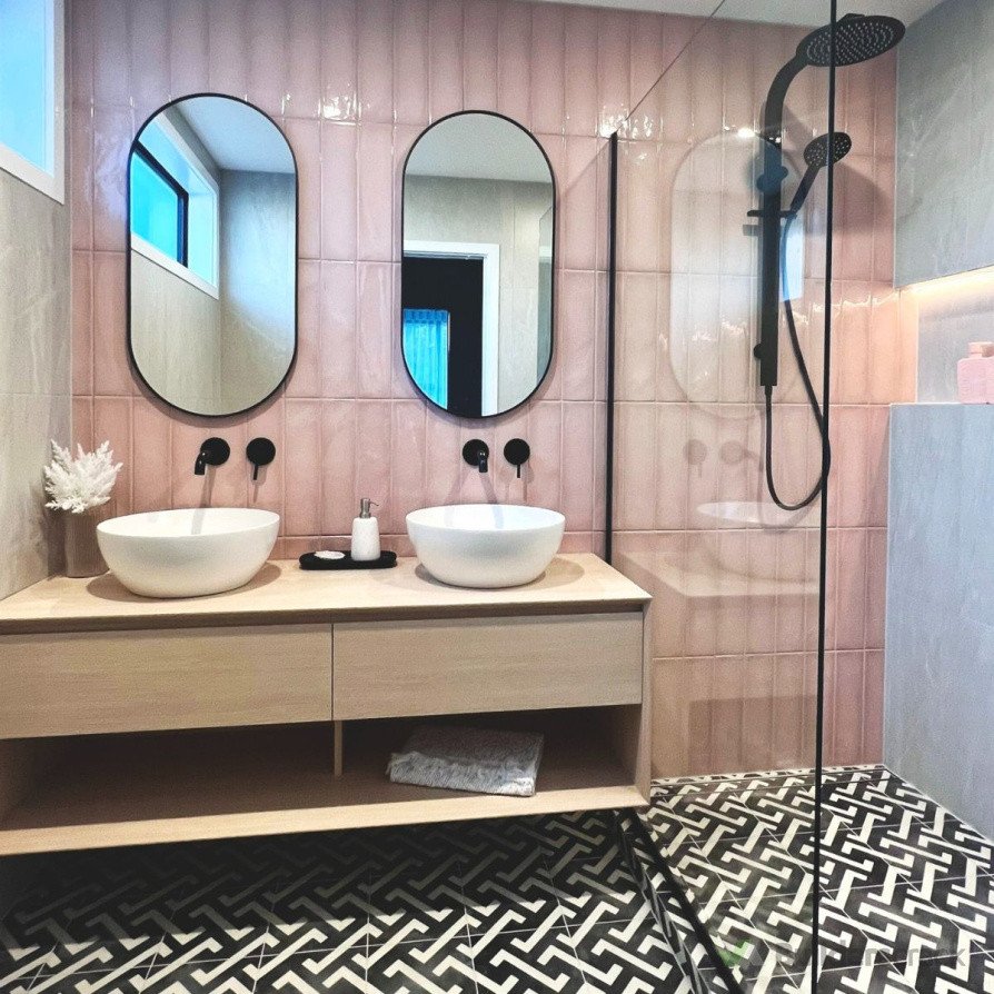 Tiled bathroom walls and floors including waterproofing