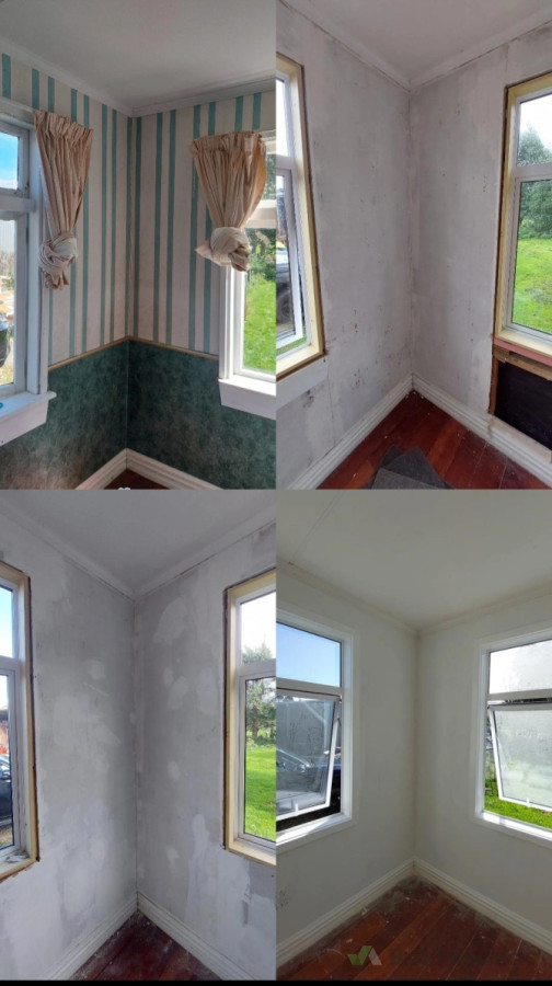 the different stages of the bedroom makeover. Wall paper removed, removed and fixed damaged gib, plastered, sanded and painted to a smooth finish