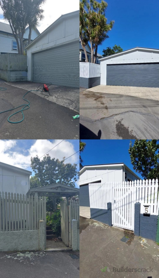 The before and after of a fence and  garage including spraying the garage door