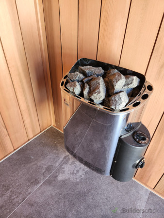 Porcelain floor tiles with powerful Swedish sauna heater unit