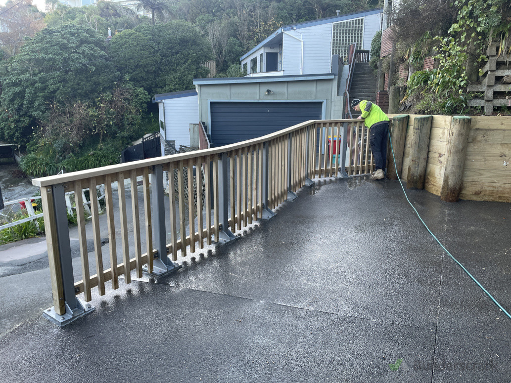 Here’s a hand rail we installed in May 2024. The steel posts were engineered  to take the impact of a car. All the timber is h3 treated with stainless steel fixings throughout being required for Khandallah.