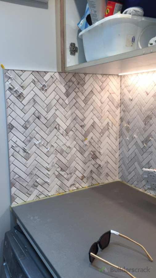 Herringbone marble mosaic splashback (progress pic)