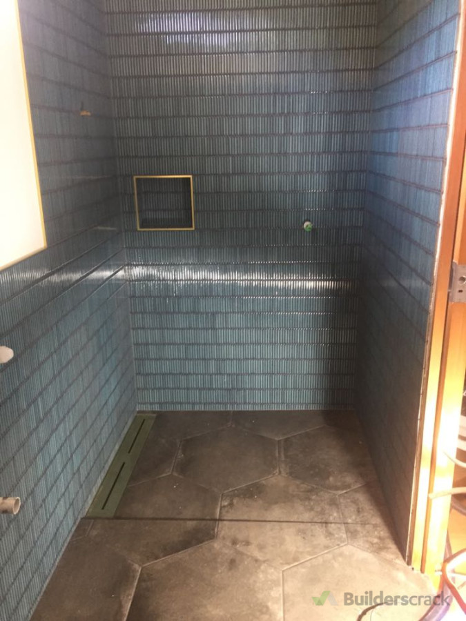 Shower niche with hexagon tiled level entry shower and mosaic walls!