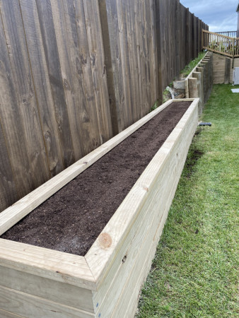 There was a big gap under the fence here so a nice planter was a good way to use the space. Built, lined and filled all in a day