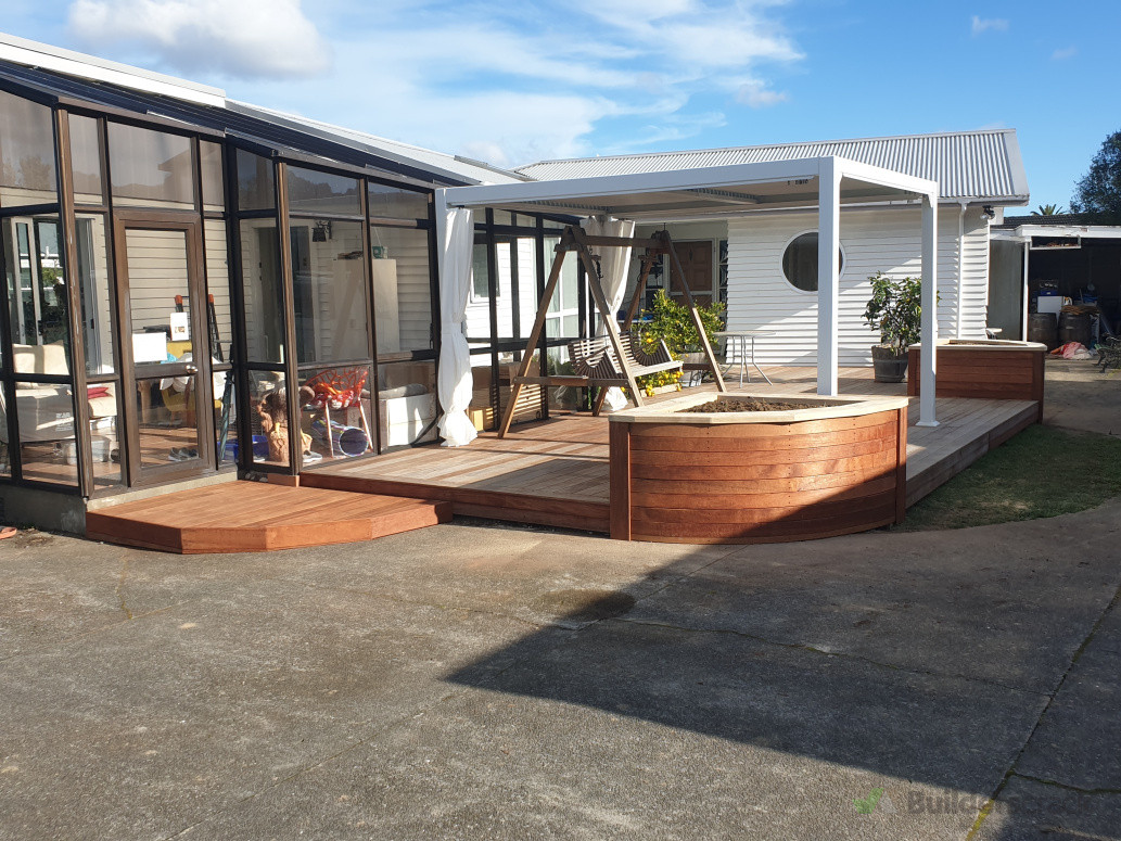 floating deck with curved garden boxes