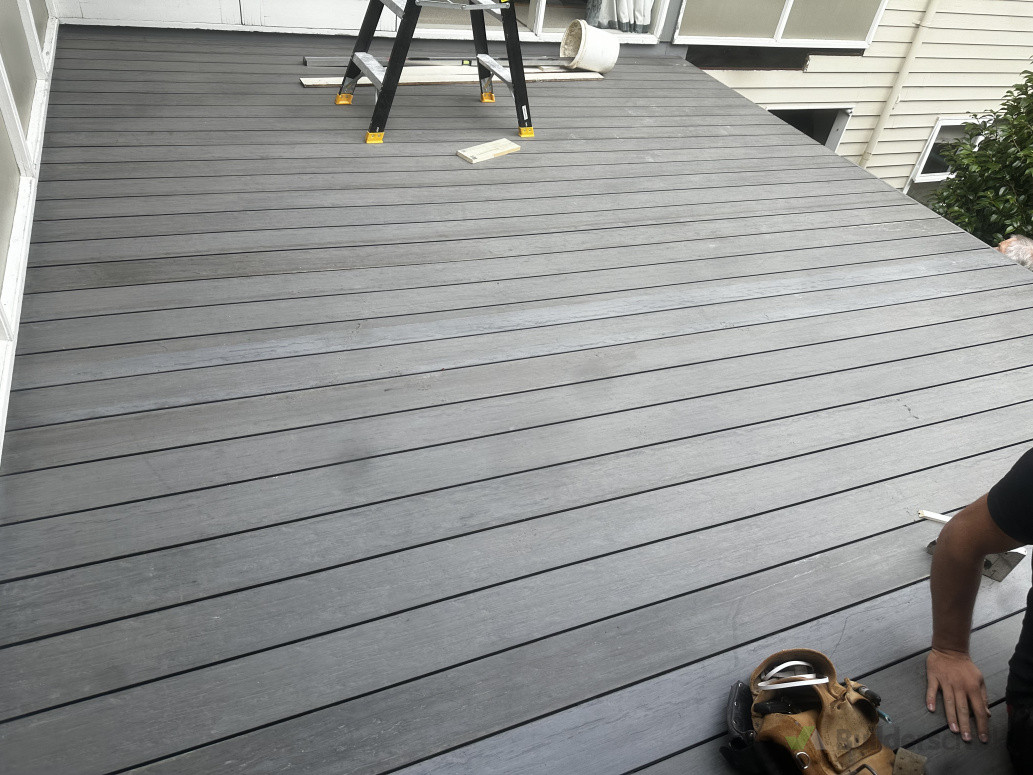 Composite decking installed on top of the garage