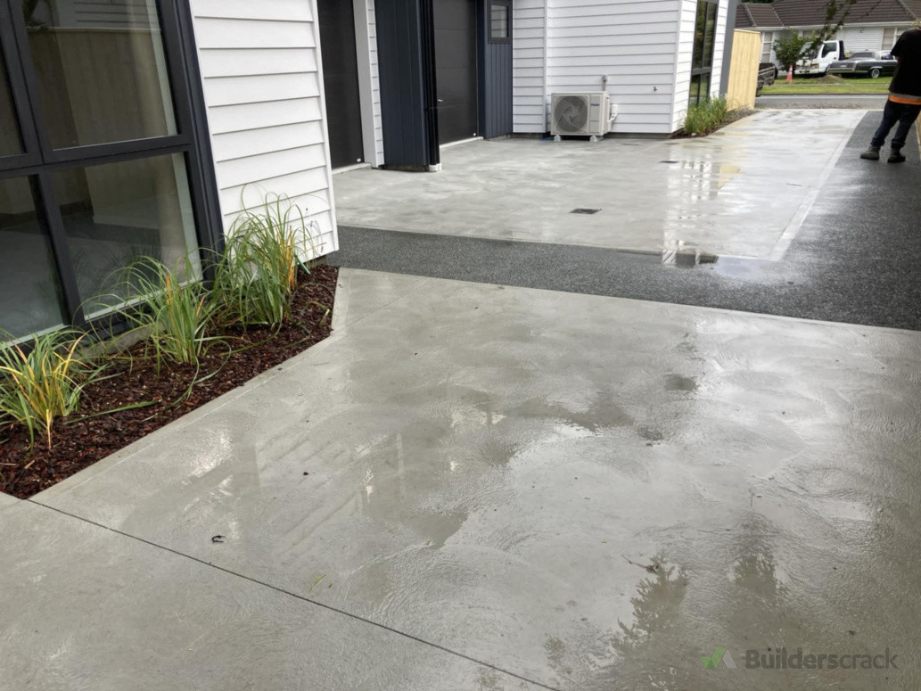 Landscaping, driveway and exposed aggregate footpath. .