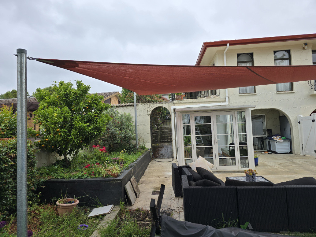 Triangular shade sails with galvanized steel posts