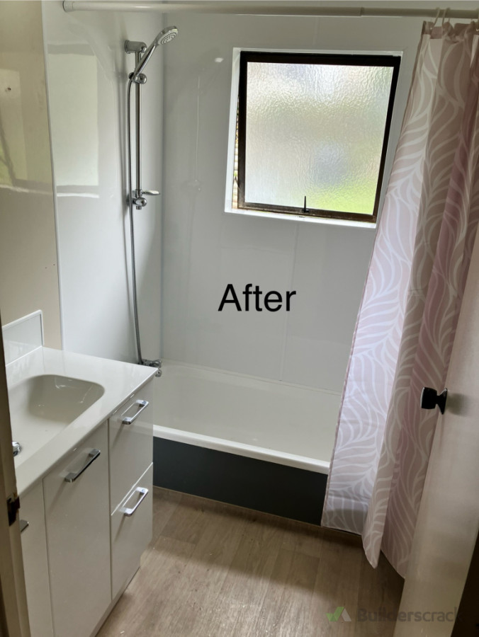 After. Photo wall liners replaced, vanity replaced, bath ware upgraded, window sill upgrade