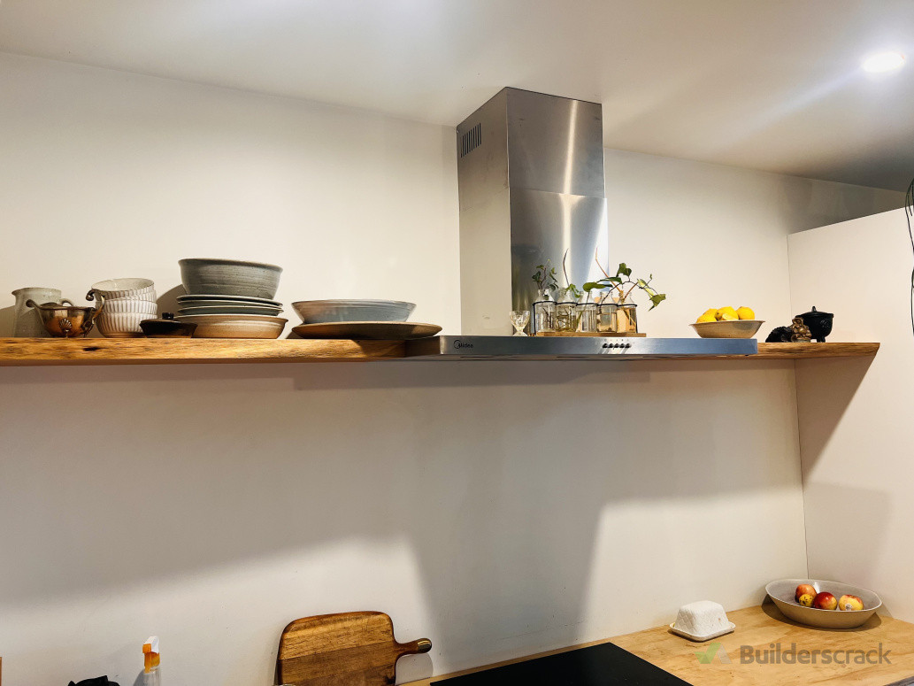 Floating shelves in kitchen, Macrocarpa timber