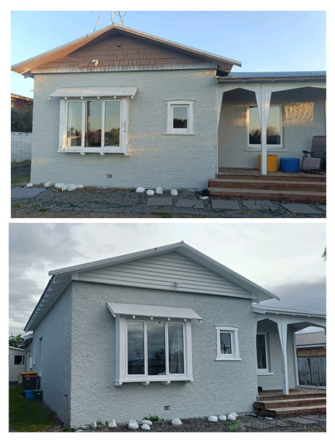 Before and after Gable end soffit repairs and re clad.