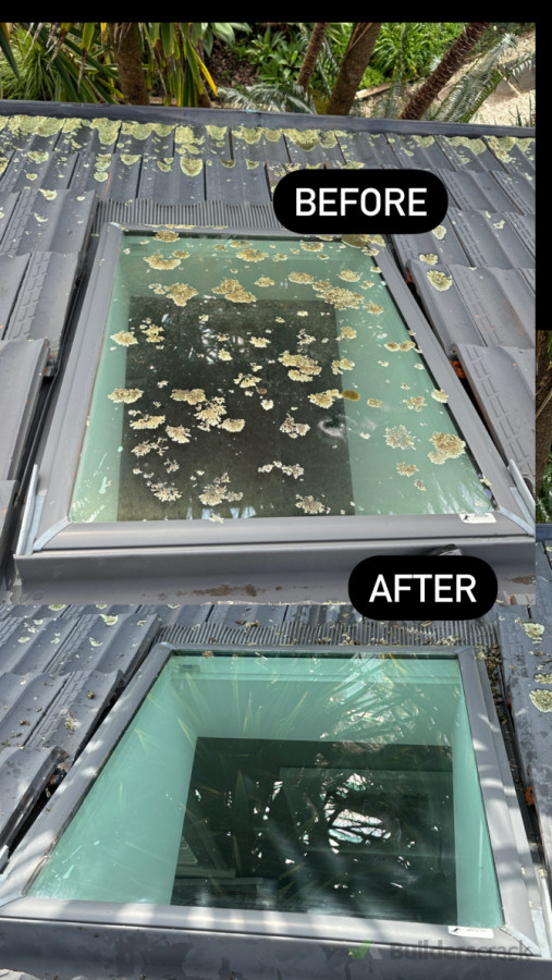 Before and after skylight cleaning.